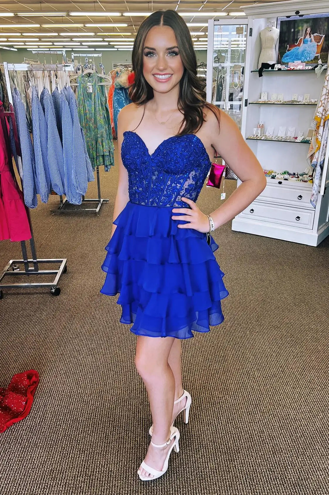 Steals and Deals Sweetheart Royal Blue Lace Corset Tiered Party Dress