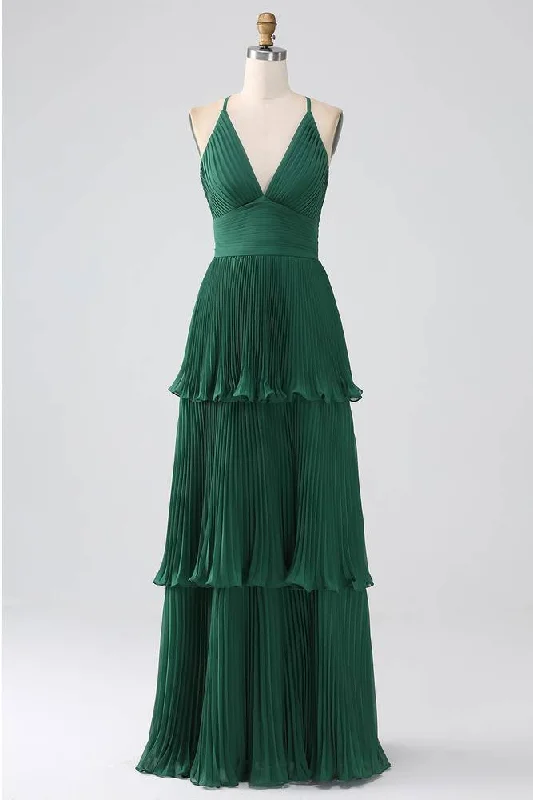 Price Reduction V-Neck Emerald Green Empire Pleated Tiered Maxi Dress