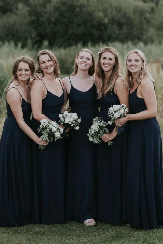 Online Exclusive Simple Dark Navy V-Neck Long Bridesmaid Dress