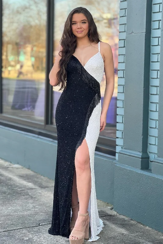 Super Bargain Black and White V-Neck Straps Sequins Long Prom Dress with Tassel