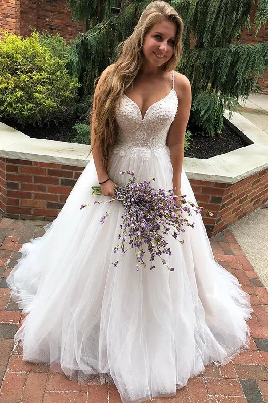 Factory Direct Sale Long A-line Spaghetti Strap White Wedding Dress with Appliques