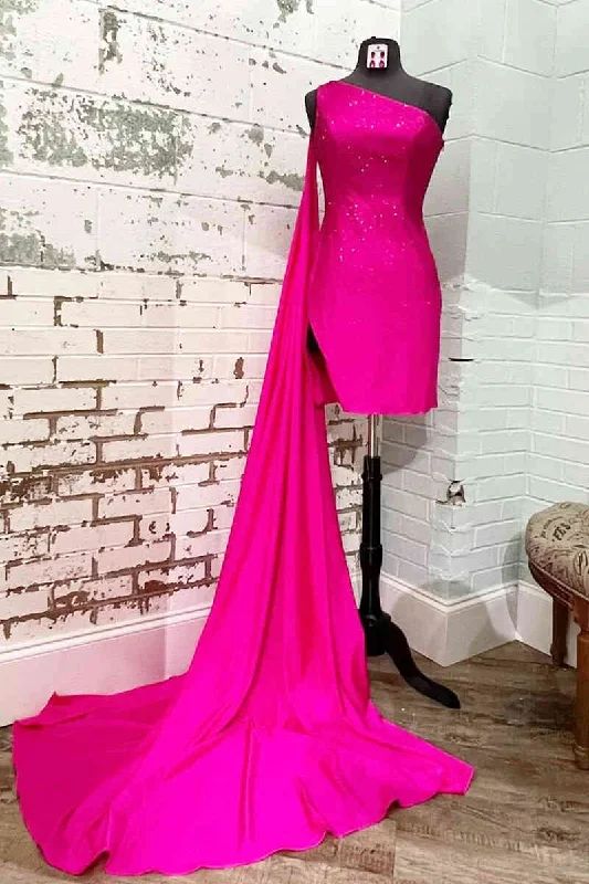 Deep Discounts Short Hot Pink One Shoulder Homecoming Dress with Shawl