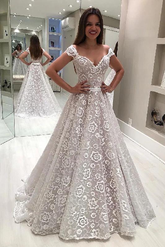 Price Smash Long Off the Shoulder A-Line Ivory Wedding Dress with Floral Lace