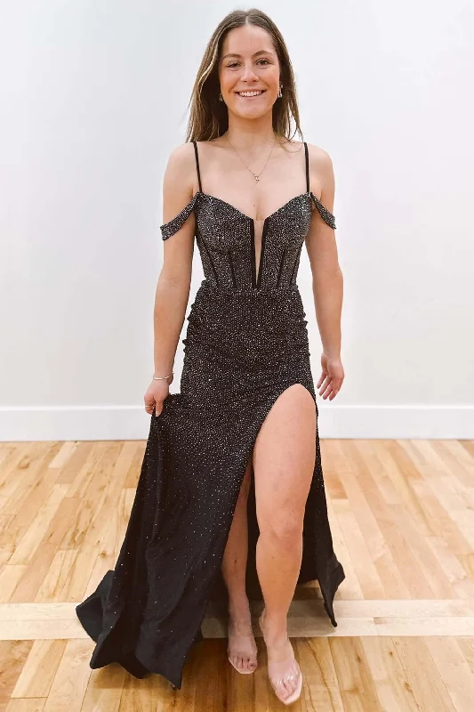 Buy More, Save More Cold Shoulder Black Beaded Slit Mermaid Prom Dress