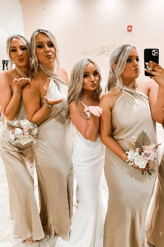 Super Sale Cross Front Halter Champagne Floor Length Bridesmaid Dress