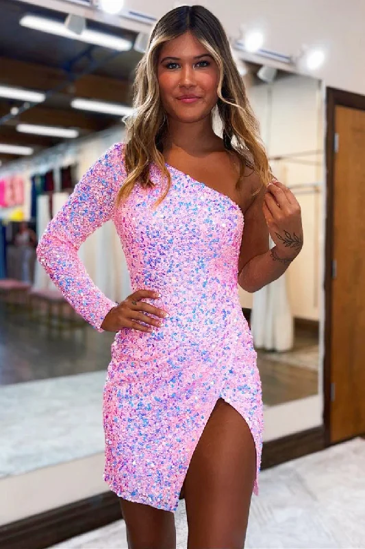 Take Advantage Iridescent Pink One Shoulder Long Sleeves Tight Homecoming Dress with Slit
