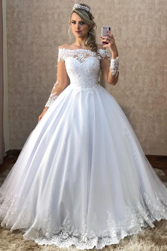Referral Discount Long Sleeves A-line Off Shoulder White Wedding Dress with Lace