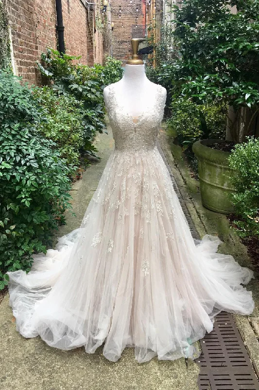 Major Savings Princess Long A-line Square Neck Ivory Wedding Dress with Lace