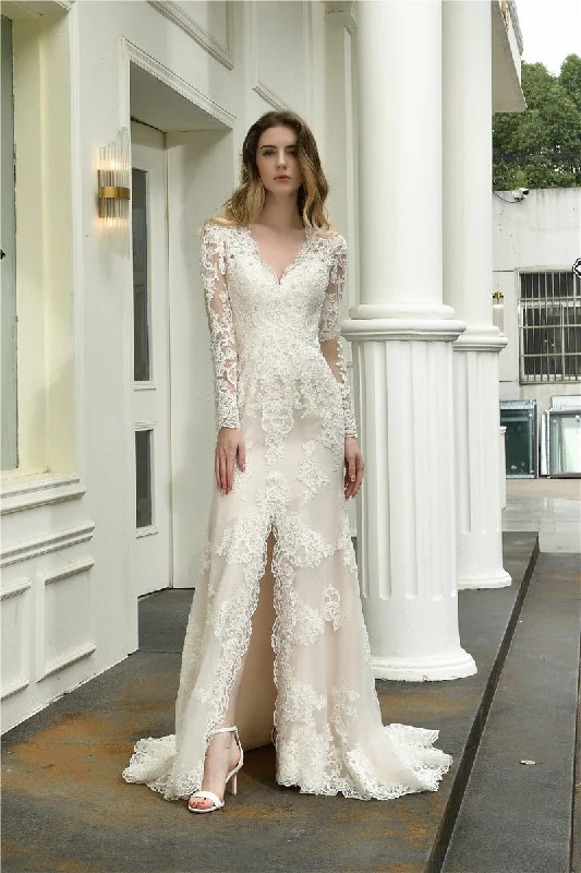 Stock Clearance Princess A-Line Long Sleeves Ivory Wedding Dress with Slit-Front
