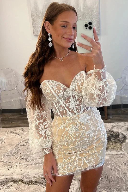 Final Clearance Sweetheart Ivory Lace Corset Puff Sleeves Tight Homecoming Dress