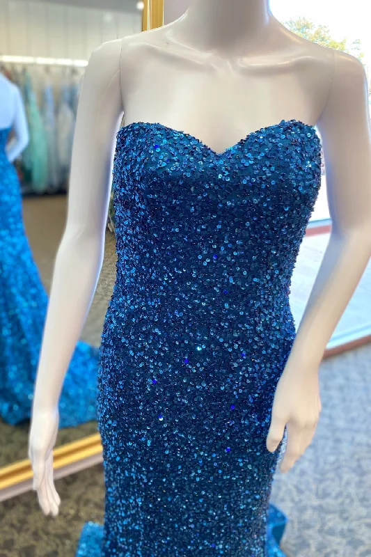 Buy More, Save More Blue Sequins Strapless Sweetheart Mermaid Long Prom Dress