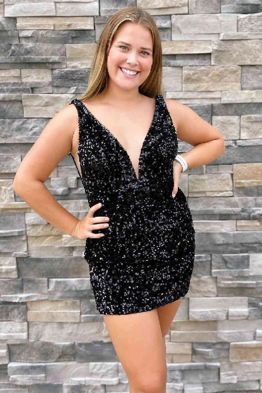 Instant Savings V-Neck Backless Black Sequins Mini Homecoming Dress