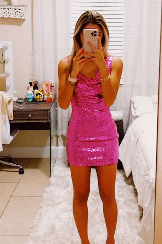 Now or Never Asymmetrical Shoulder Fuchsia Bodycon Homecoming Dress