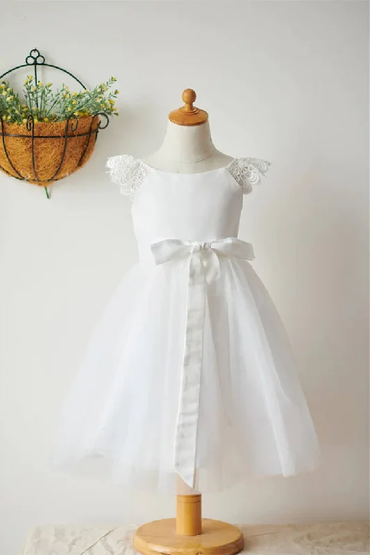 Early Bird Discount Knee Lenght Ivory Satin Flower Girl Dress