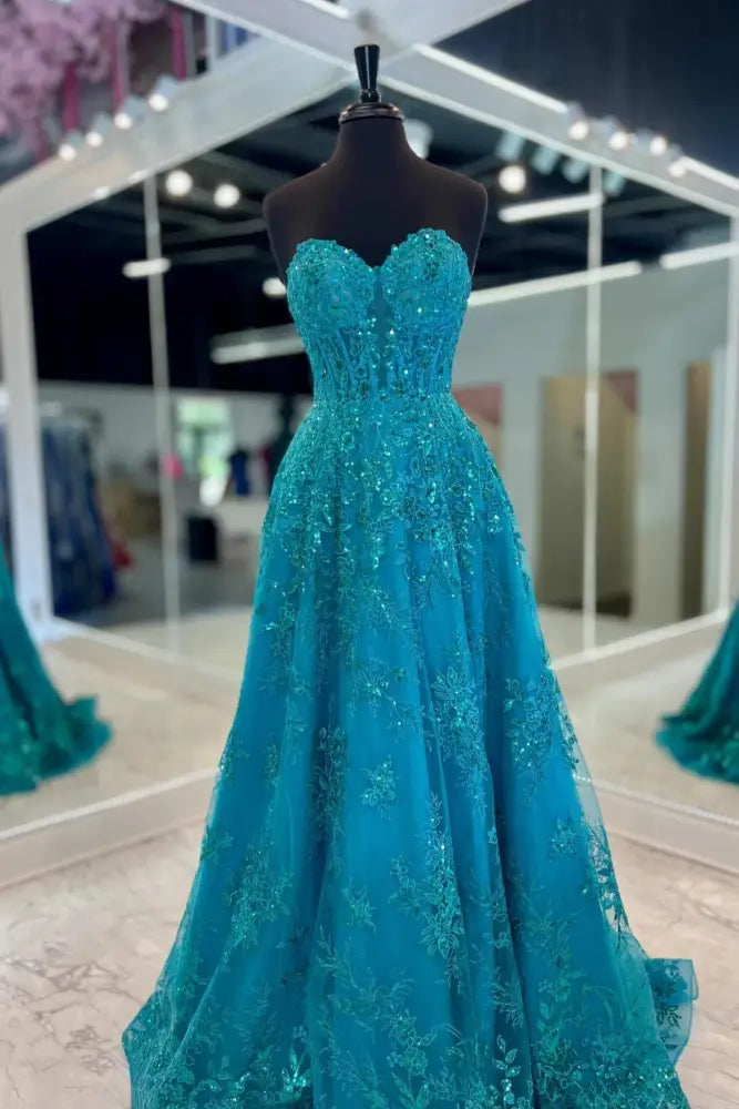 Special Price Strapless Blue Applique Sequin A-Line Prom Dress