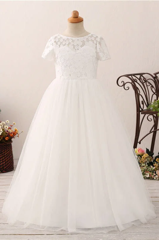 Special Savings Short Sleeves Lace and Tulle White Flower Girl Dress