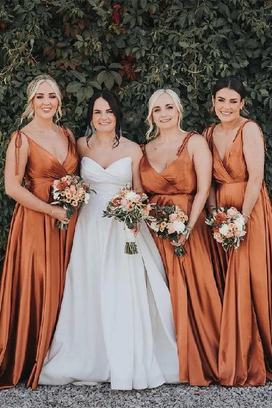 Savings Alert Tie Shoulder V-Neck Burnt Orange Long Bridesmaid Dress