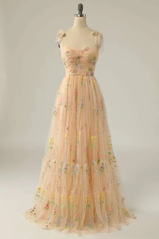 Price Buster Princess Yellow Floral Long Prom Dress with Embroidery