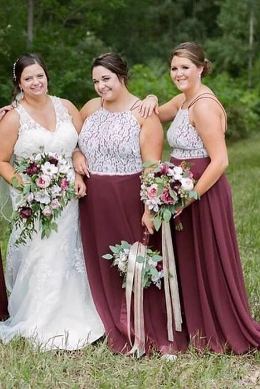 Shop and Save Plus Size Straps Burgundy Long Bridesmaid Dress with Lace