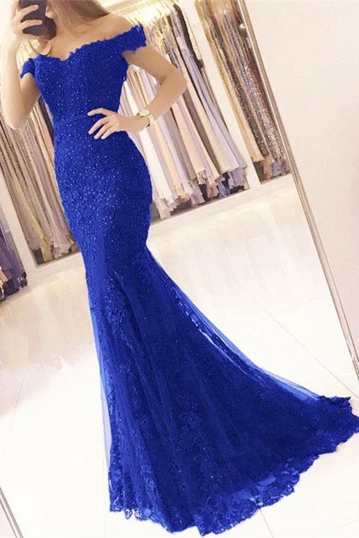 Deep Discounts Mermaid Off-the-Shoulder Royal Blue Prom Dress with Appliques