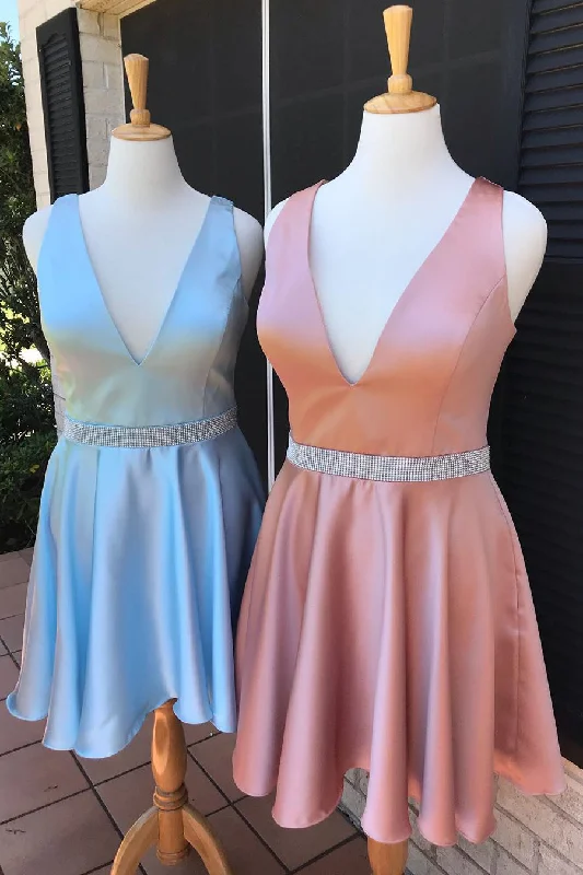 Quick Sale Deep V Pink Satin Homecoming Dress with Beaded Belt
