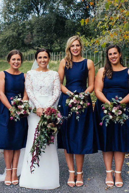 Flash Deals Navy Blue Tea Length Bridesmaid Dress