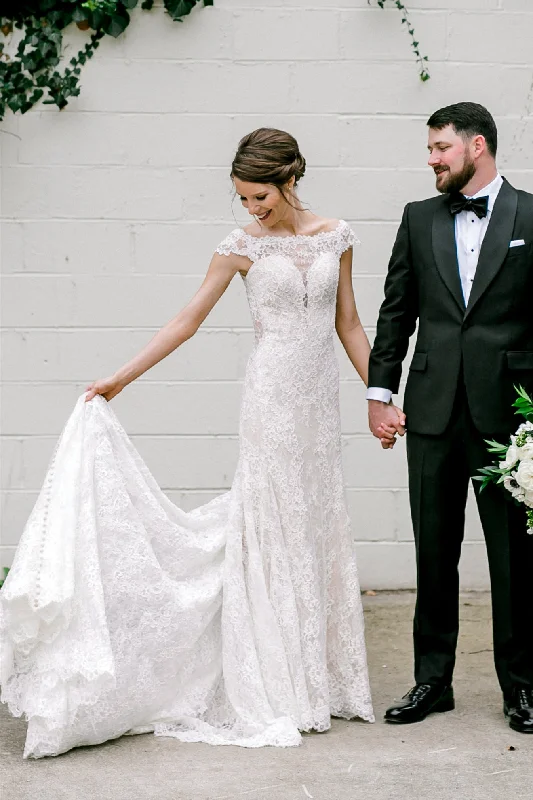 Bonus Savings Elegant Sheer Back Cap Sleeves Ivory Wedding Dress