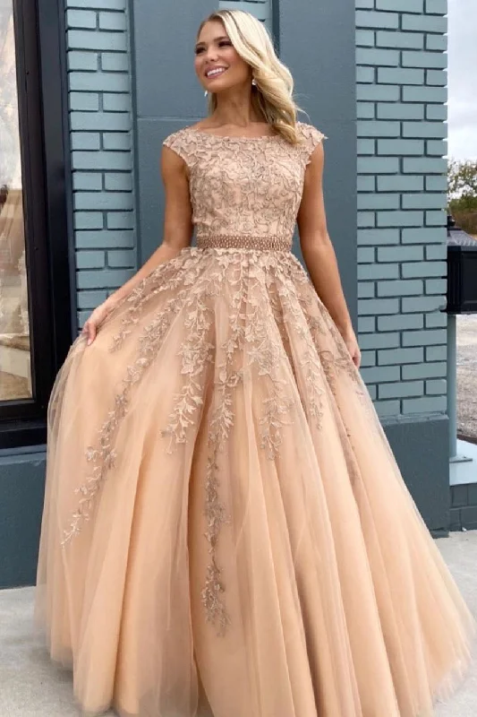 Mega Sale Elegant Lace-up Back Beaded Long Champagne Prom Dress with Appliques