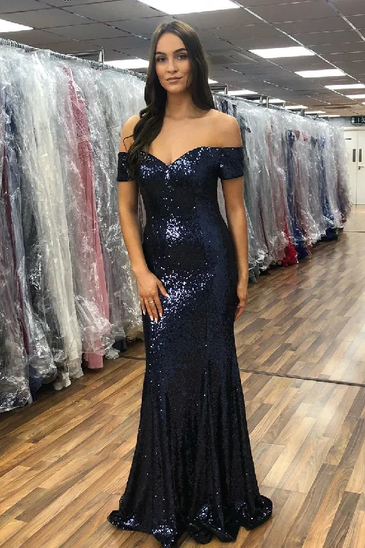 Limited Time Offer Sparkly Off Shoulder Mermaid Navy Blue Long Prom Dress