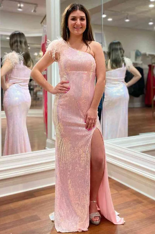 Reduced Prices Pink Feather Shoulder Long Prom Gown with Slit