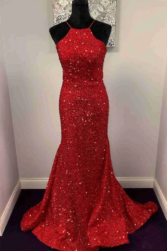 YEAR-End Clearance Red Halter Sequined Long Prom Dress with Lace Up Back