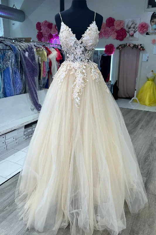 Weekend Flash Sale V-Neck Champagne Appliques Long Prom Dress with Straps