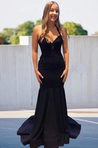 Fantastic Offers Lace-Up Back Mermaid Halter Navy Blue Prom Dress with Lace