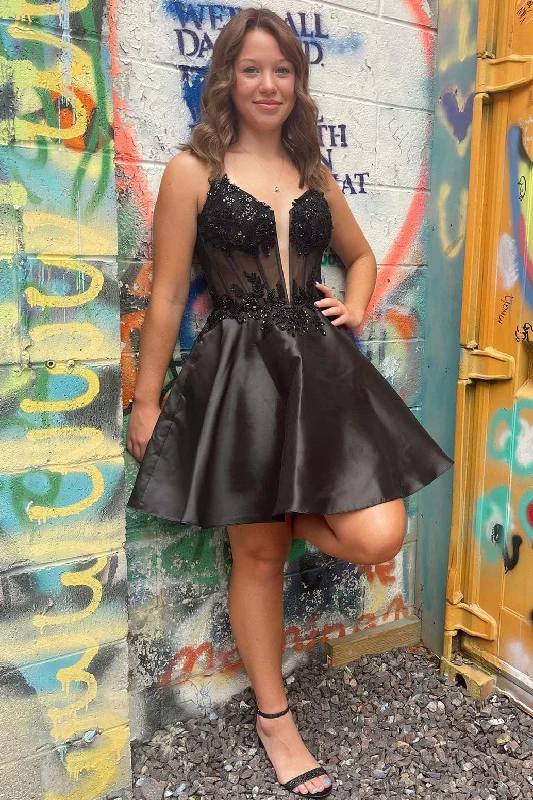 Sale Event Straps Plunging Neck Black Short Party Dress