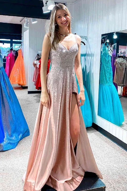 Savings Galore High Slit A-Line Blush Pink Prom Dress with Rhinestones