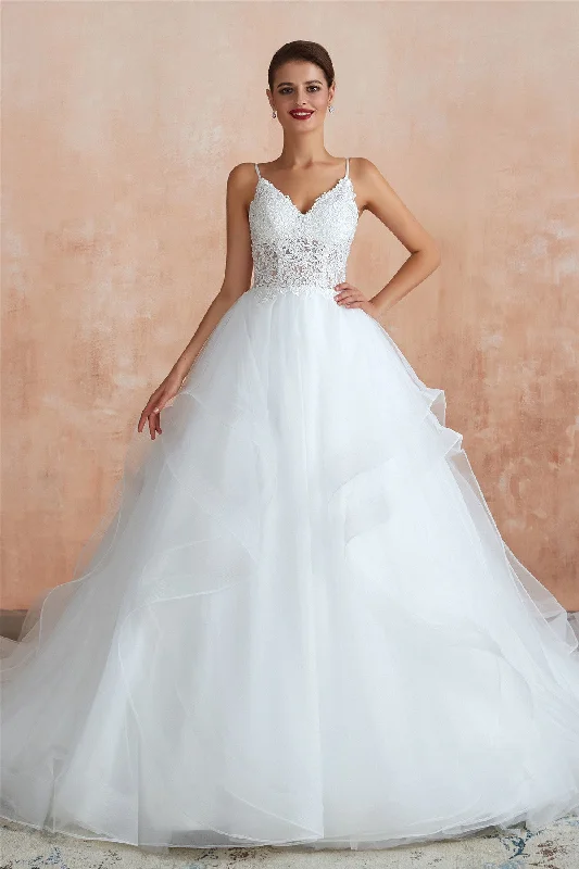 Shop and Save Long Lace-Up Back A-line Straps White Wedding Dress with Lace
