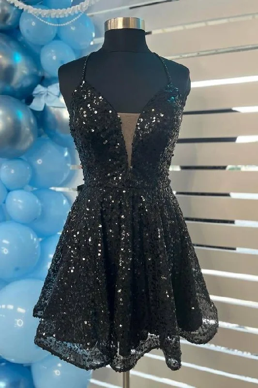Take Advantage Spaghetti Straps Black Sequin Homecoming Dress with Bow