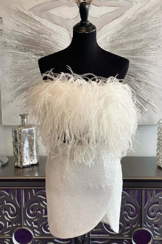 TIME-Limited Offer Two Piece White Feathers Short Homecoming Dress