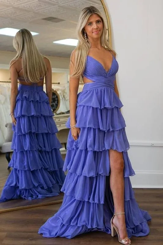 New Markdowns V-Neck Lavender Ruffle Prom Dress with Slit