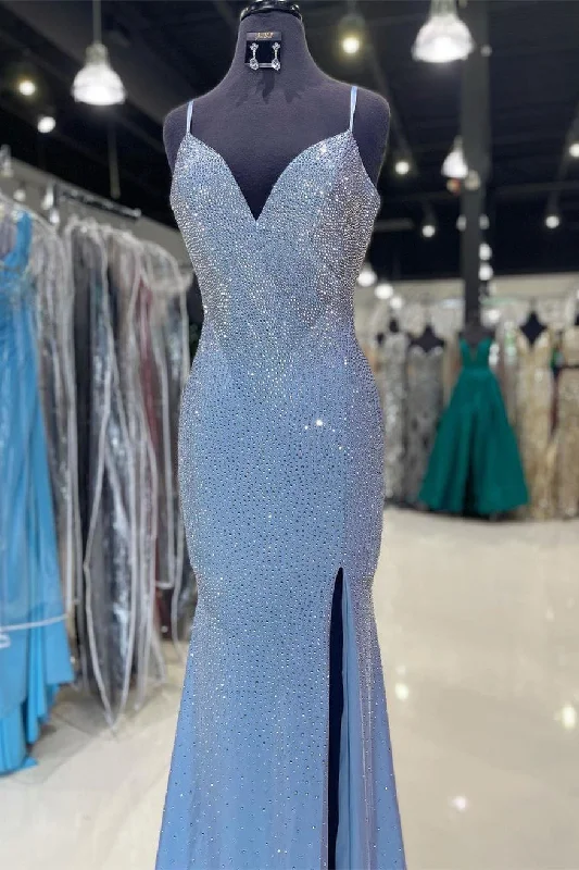 Lowest Price Spaghetti Straps Side Slit Light Blue Long Formal Dress