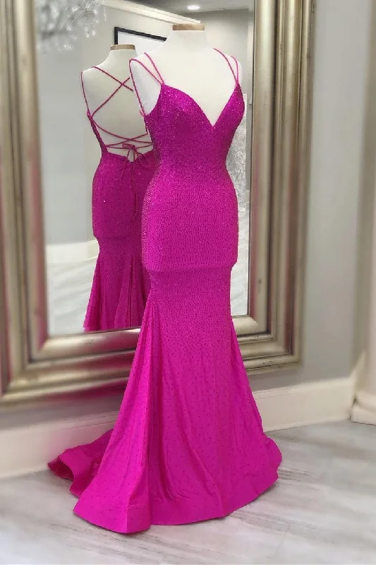 Epic Deals Mermaid Hot Pink Beaded Long Prom Dress with Straps
