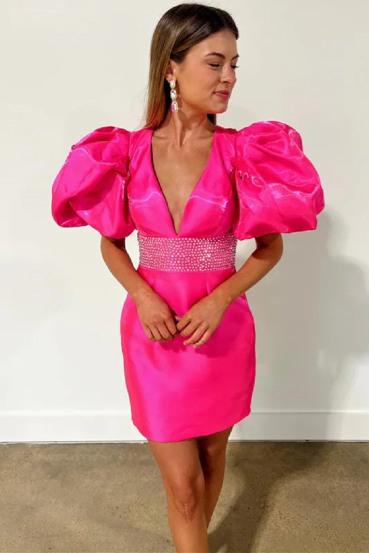 Quick Sale Neon Pink Plunging Neck Balloon Sleeves Bodycon Homecoming Dress