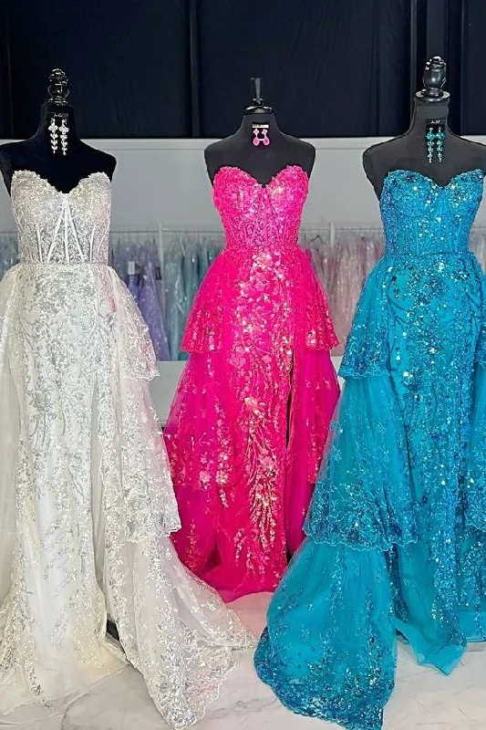 Online Exclusive Strapless Applique Sequin Prom Dress with Ruffle Back