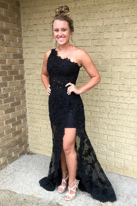 Mega Deal High Low One Shoulder Sheath Lace Black Prom Dress