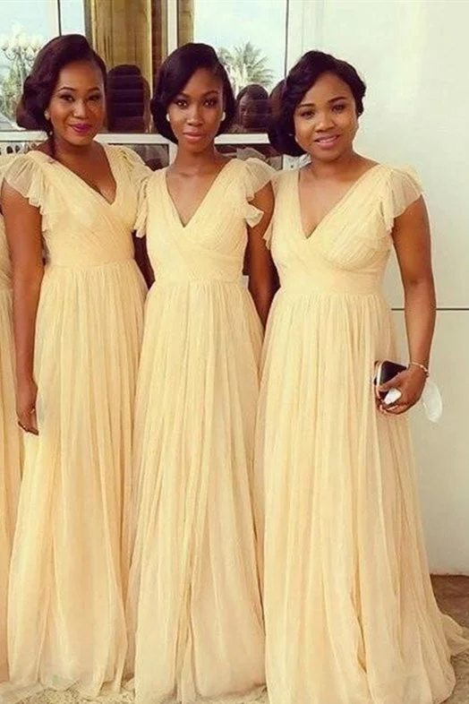 Best Bargains A-line V-Neck Yellow Bridesmaid Dress with Ruffle Sleeves