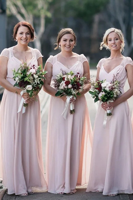 Today’s Deal Elegant Long A-line Cap Sleeves Pink Bridesmaid Dress