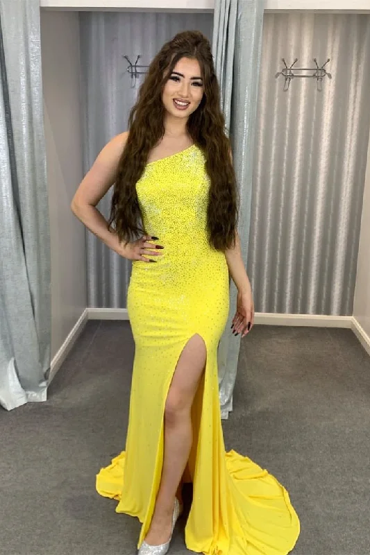 Loyalty Reward One Shoulder Yellow Beaded Long Prom Dress with Slit