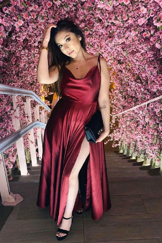 One-DAY Sale Tie Straps Burgundy Long Prom Dress with Slit