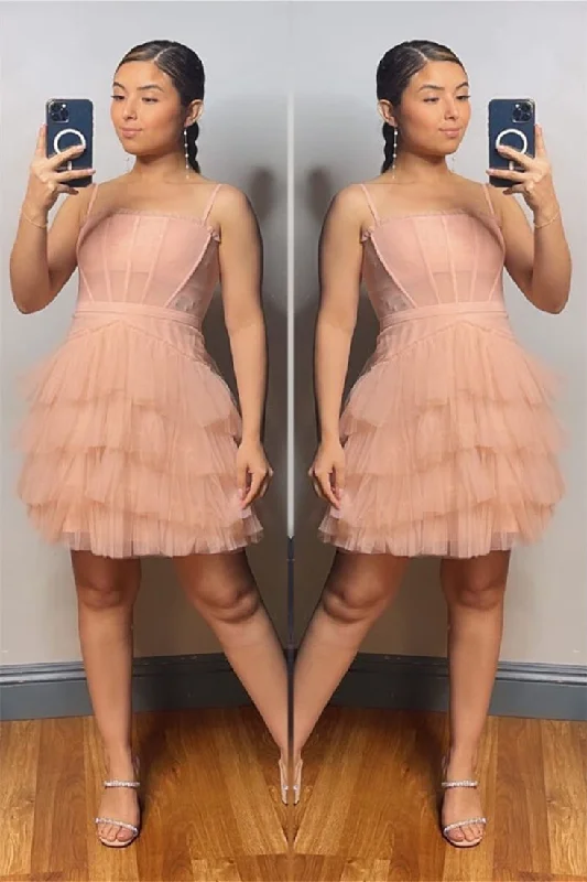 Today Only Cute Blush Pink Straps Tiered Tulle Short Party Dress