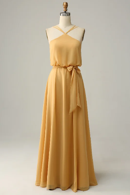 Bargain Prices Chiffon Yellow Halter Long Bridesmaid Dress with Belt